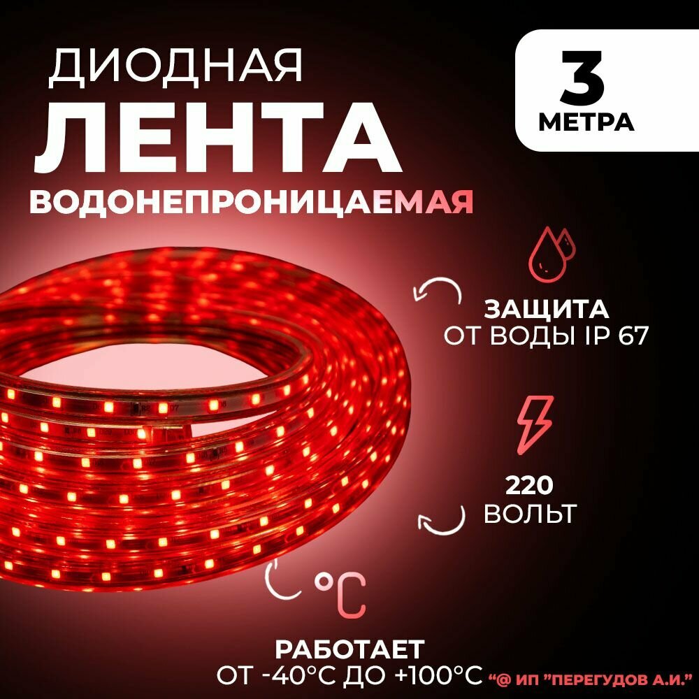 Светодиодная лента водонепроницаемая 3 метра 220в красный свет