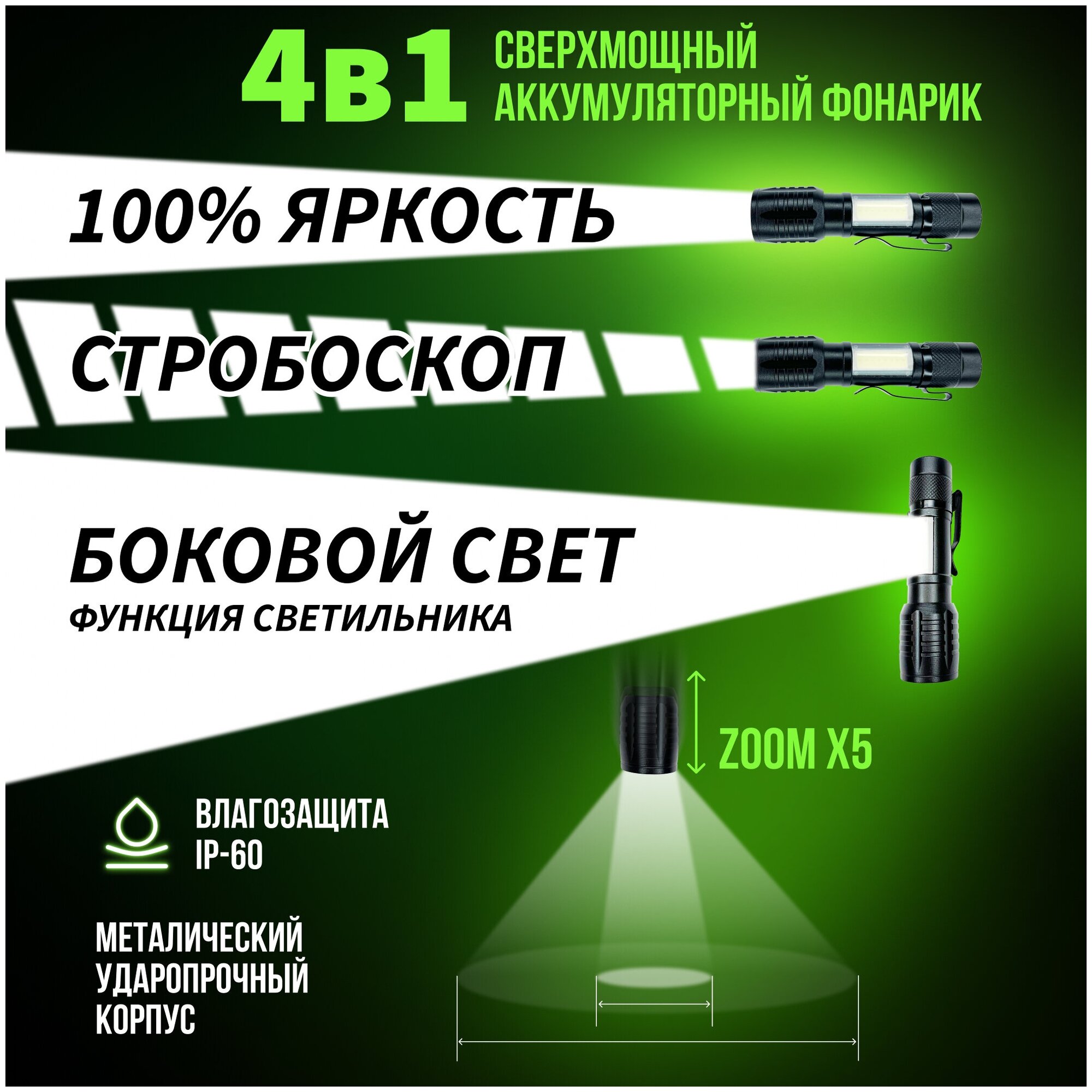 Мощный аккумуляторный фонарь в подарочном кейсе - светодиодный ручной тактический мини фонарик 4 в 1 — фото 1