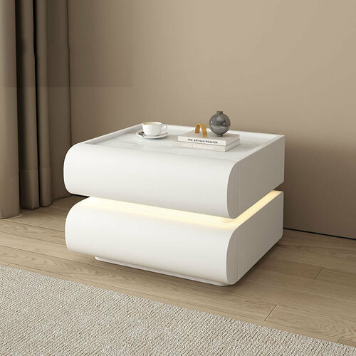 Прикроватная кожаная тумба с каменной столешницей Mulege и с подсветкой (белый)