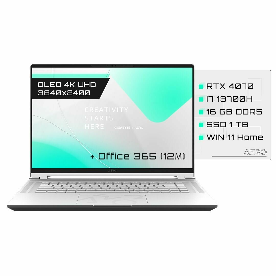 Ноутбук GIGABYTE Aero 16 OLED BSF, 16", OLED, Intel Core i7 13700H 2.4ГГц, 14-ядерный, 16ГБ DDR5, 1ТБ SSD, NVIDIA GeForce RTX 4070 - 8 ГБ, Windows 11 Home, серебристый (bsf-73