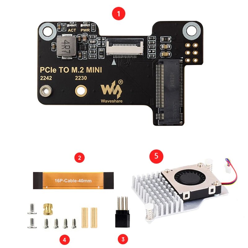 Spotpear Адаптер PCIe к M.2 Mini для Raspberry Pi 5, MINI-With-Cooler