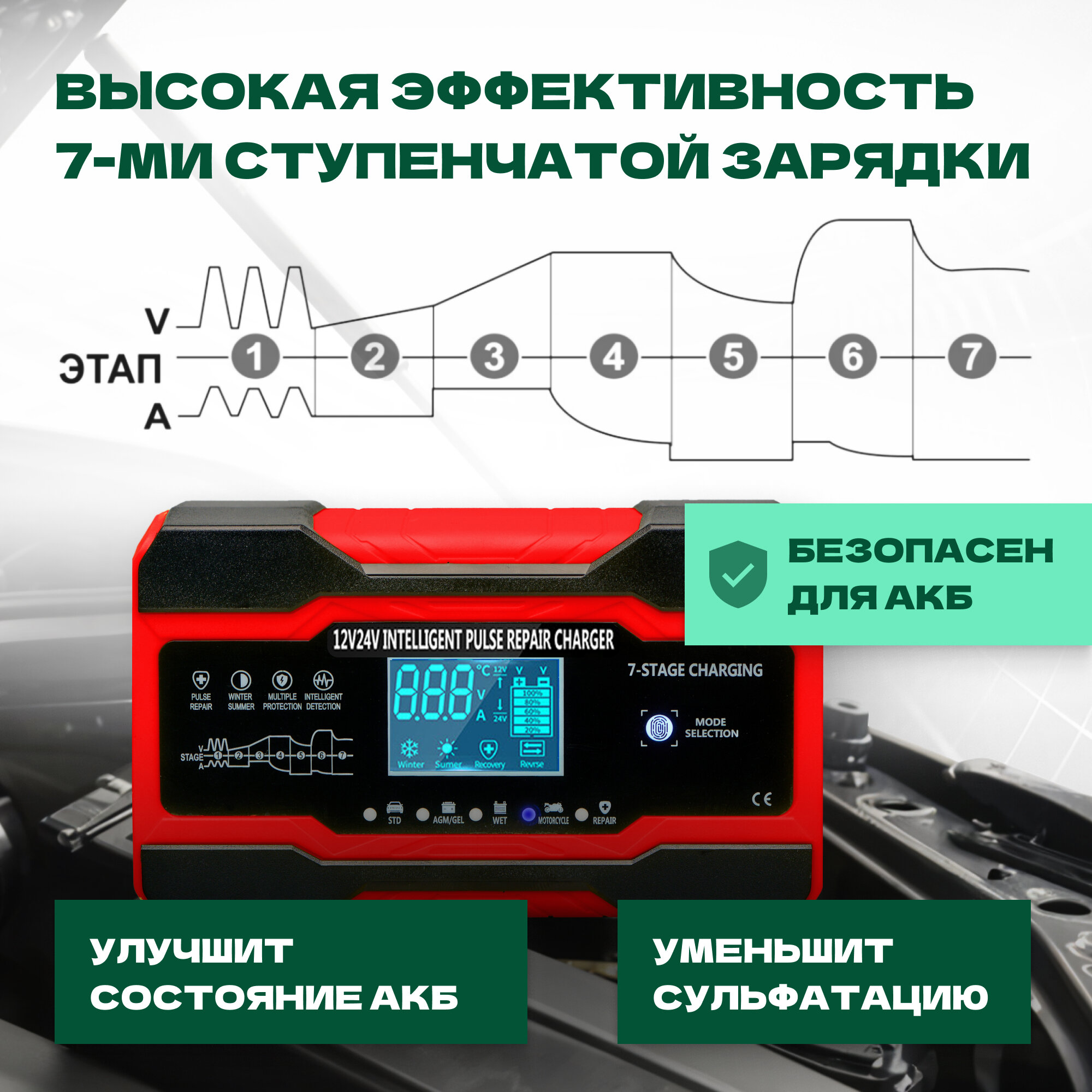 Зарядное устройство для аккумулятора RJ Tianye, 12-24В, 5А, 2-150Ач, с функцией восстановления — фото 1