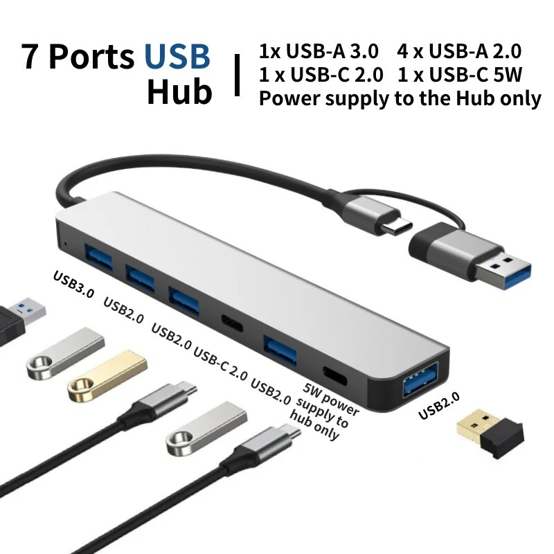 7-в-1 USB-концентратор типа C с портом PD USB C USB 3.0/2,0, разветвитель, док-станция для MacBook, ноутбука, планшета, телефона