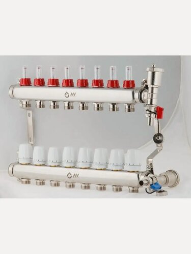 Изображение товара Комплект коллекторов AV Engineering для теплого пола и водоснабжения на 8 контуров с расходомерами (AVE13600108)