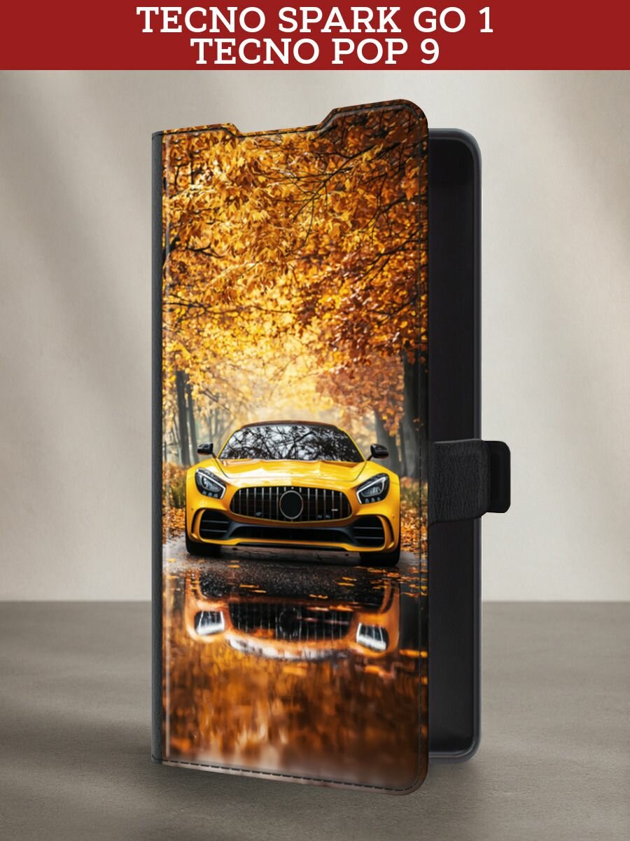 Чехол-книжка на Tecno Spark Go 1/Tecno POP 9 / Техно Спарк Го 1/Техно ПОП 9 с принтом Машина в осени, черный
