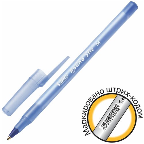 Ручка шариковая BIC Round Stic, синяя, корпус голубой, узел 1 мм, линия письма 0,32 мм, С штрихкодом, 934598 упаковка 60 шт.