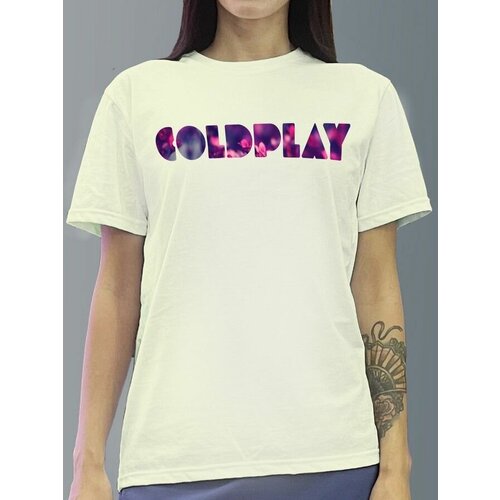 фото Футболка женская белая молочный оттенок из хлопка с dtf рисунком музыка coldplay - 1197 будь на стиле