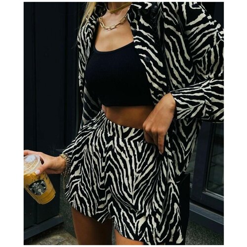 Костюм льняной женский с шортами My store, цвет зебра/белый, размер 40-42(XS-S)