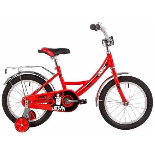 Детский велосипед NOVATRACK 16, URBAN, красный, полная защита цепи, тормоз нож, крылья и багажник хром,
