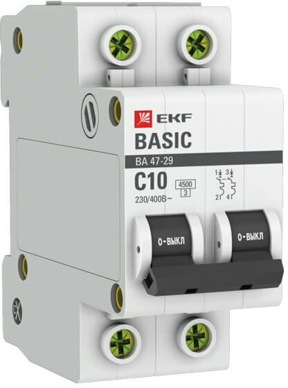 Автоматический выключатель EKF BASIC ВА 47-29 2P, 10A, C, 4,5кА