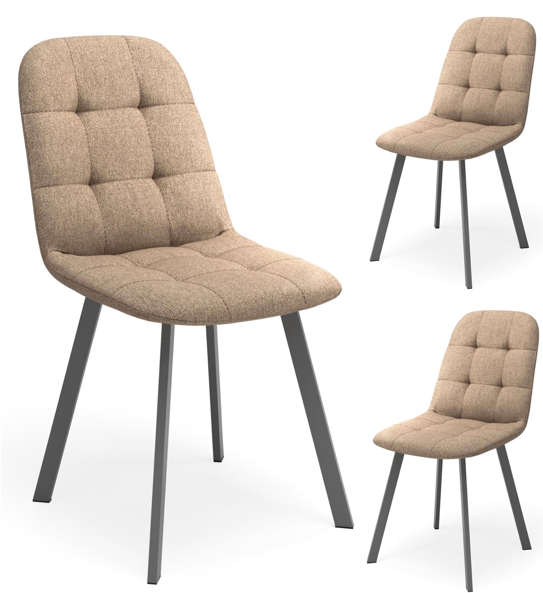 Комплект мягких стульев со спинкой для кухни 3 шт, светло-коричневая рогожка, каркас серый