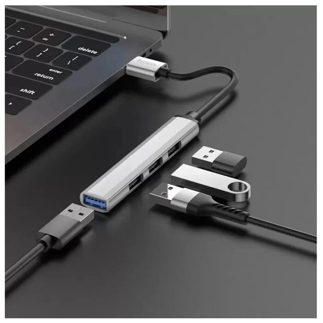 USB Переходник Type-C хаб 4В1 Hoco HB26 серебристый USB 30 + 3 USB 20