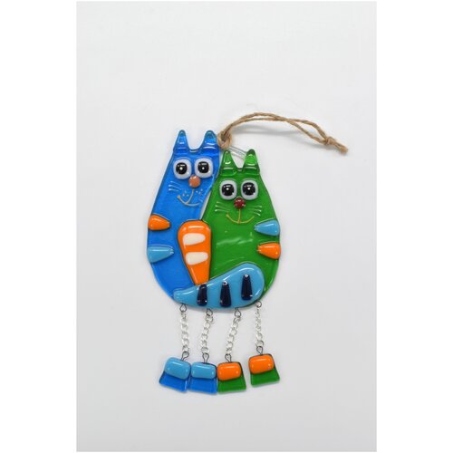 Сувенир Парочка котов с цепочками, Синий и Зеленый, 16х8см