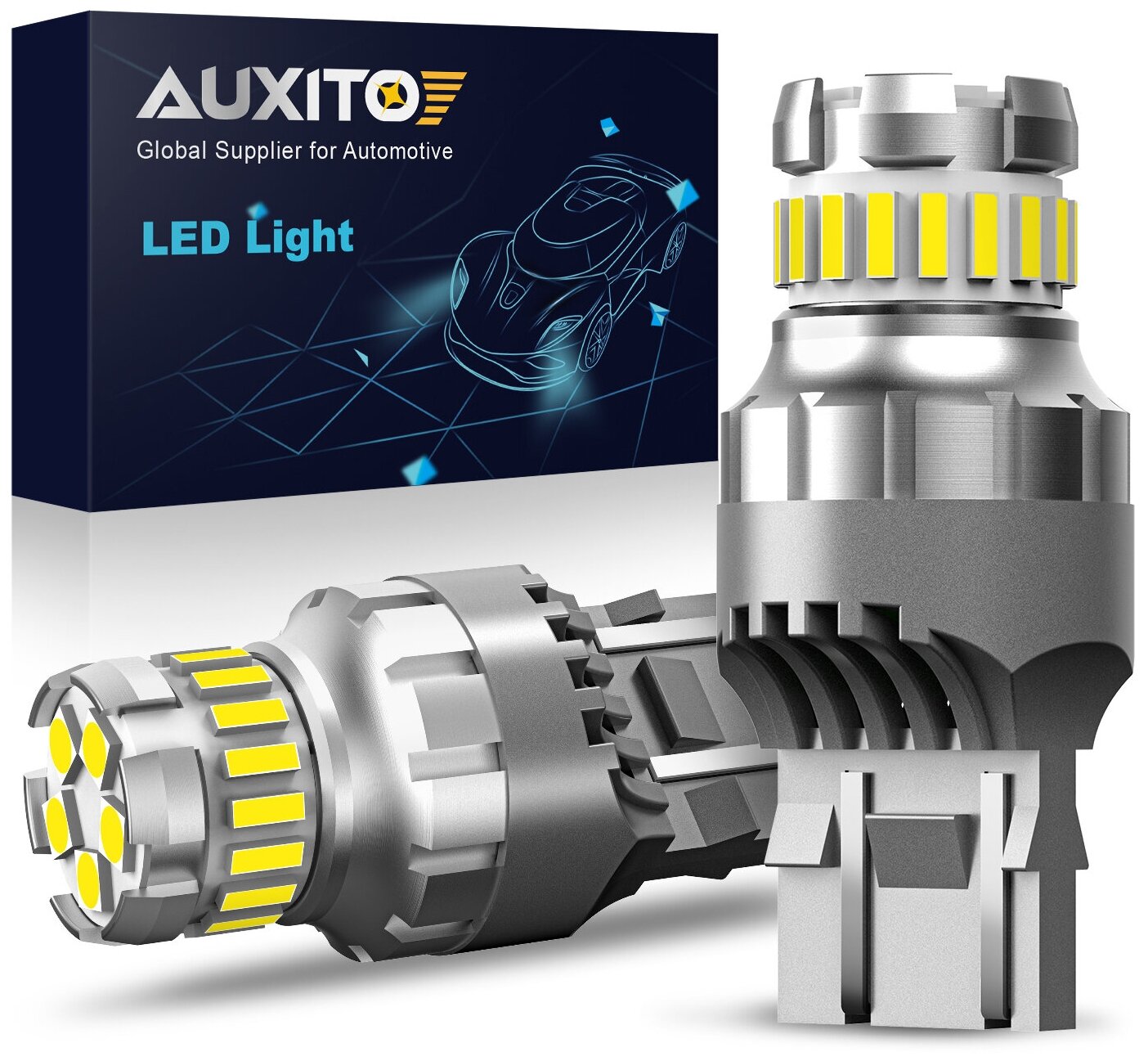 Светодиодная автомобильная LED лампа AUXITO T20 7443 W21/5W цоколь W3x16q 2 шт двухконтактная белый 6500К свет