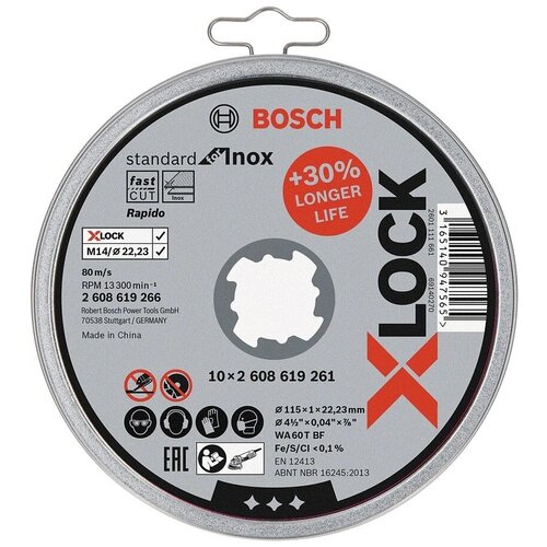 Диск для резки Bosch Rapido набор 10 шт из нержавеющей стали, 115x1x22.23 мм, Стандартный Серийный прямой резной диск из нержавеющей стали