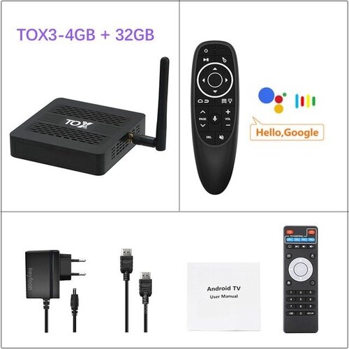 Комплект: TOX3 4/32 Gb IPTV Android TV приставка на Amlogic S905X4. Ревизия-2 + Аэро-голосовой пульт G10s Pro с подсветкой.