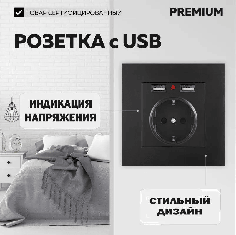 фото Розетка с двумя USB портами с заземлением