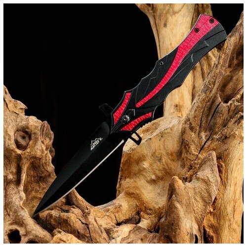 Нож складной КНР черный, красная полоса, 21,5 см, клинок 9,5 см (L010)