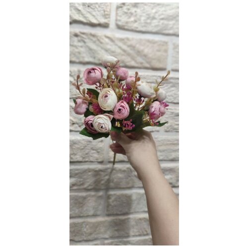 Куст искусственных цветов 31см. 5 ветвей, 13 цветков. Камелия, пион, ранункулюс, пионовидная роза. Белая и розовая