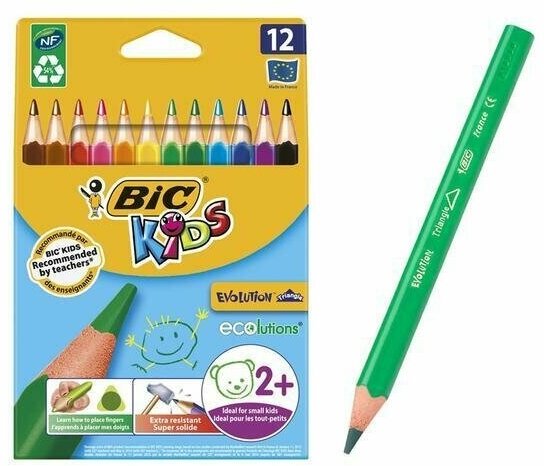 Карандаши цветные 12 цветов, детские, утолщенные. трехгранные, BIC Kids Evolution Triangle