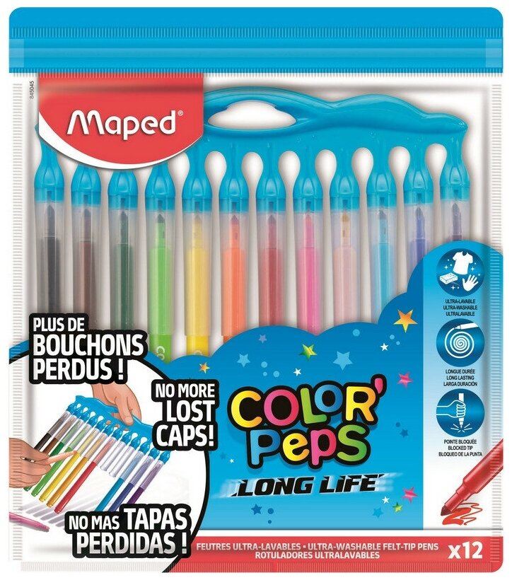 Фломастеры Maped COLOR"PEPS LONG LIFE смываем, моноколпачек,12цв/наб,845045