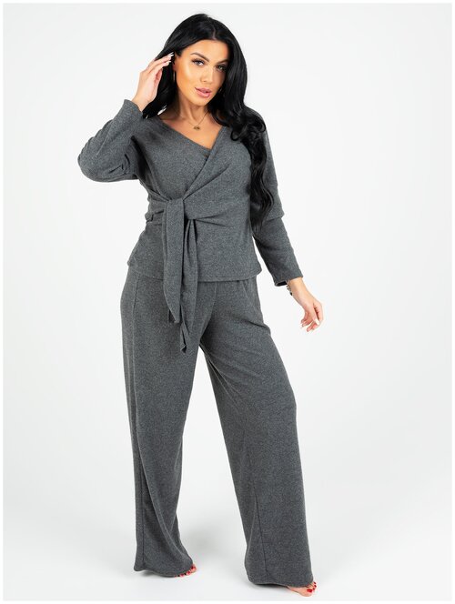 Комплект Instinity, блуза, брюки, длинный рукав, пояс, трикотажная, размер 42, серый