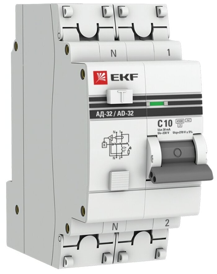 Диф. автомат 1P+N 10А 30мА тип АС х-ка C эл. 270В 4,5кА АД-32 EKF