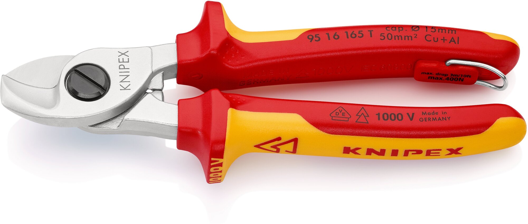 Кабелерез KNIPEX VDE, d 15 мм (50 кв. мм.), длина 165 мм, хром, 2-комп диэлектрические ручки, проушина для страховки KN-9516165T