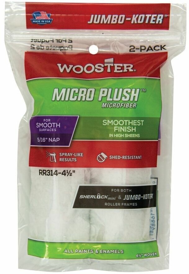 Мини-валик малярный WOOSTER RR314-4 1/2 MICRO PLUSH JUMBO-KOTER 5/16 (ворс 0,8 см, ширина 11,43 см), набор 2 шт.