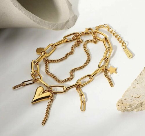 Браслет-цепочка Azimut C.O. Jewelry AND Accessories Двухслойный браслет с шармами, 1 шт., размер 16 см, золотой