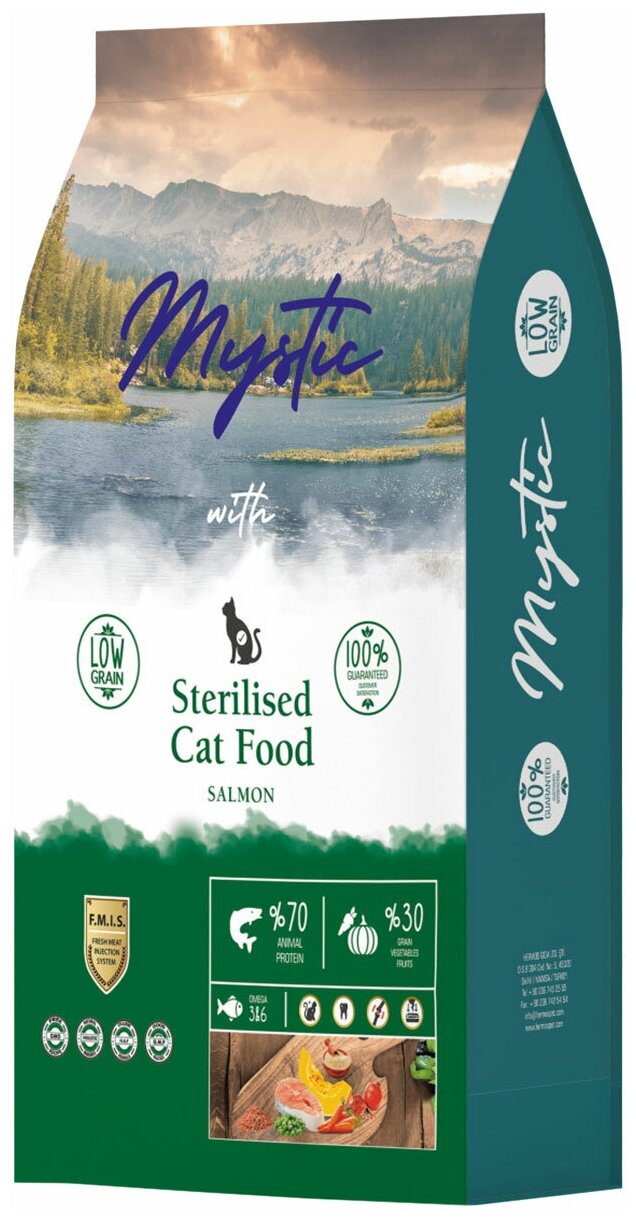 MYSTIC STERILISED CAT SALMON для взрослых кастрированных котов и стерилизованных кошек с лососем (15 кг)