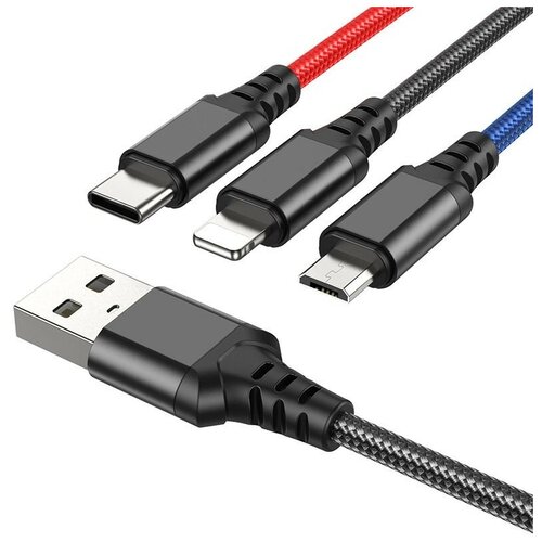 HOCO HC-68636 X76/ USB кабель 3-in-1: Lightning+Micro+Type-C/ 1m/ 2A/ Black+Red+Blue 5 10pcs micro usb type c connector type c male vertical mount 16pin data with pcb board usb with board male