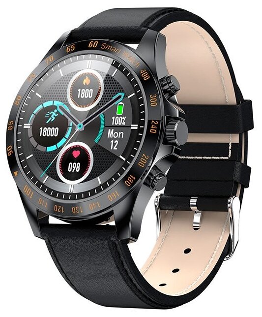 Смарт часы мужские классические KingWear LW09 с функциями фитнес браслета, корпус черный метал, кожаный черный ремешок
