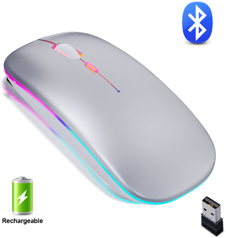 Беспроводная мышь для компьютера ноутбука пк и макбука c RGB подсветкой / Ультратонкий дизайн / Встроенный аккумулятор / Бесшумные кнопки / Bluetooth 5.0 / Silver