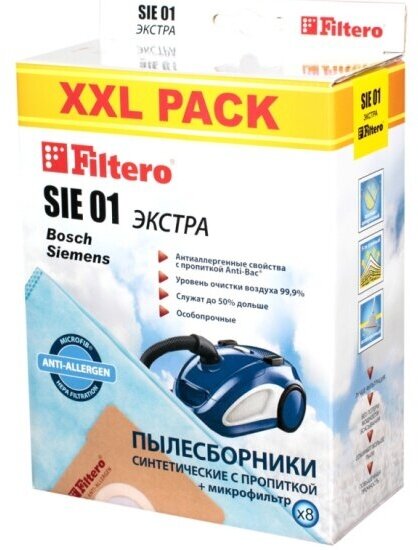 Пылесборник Filtero SIE 01 XXL PACK, экстра синтетические (8 шт.) + фильтр, для пылесосов Bosch, Siemens