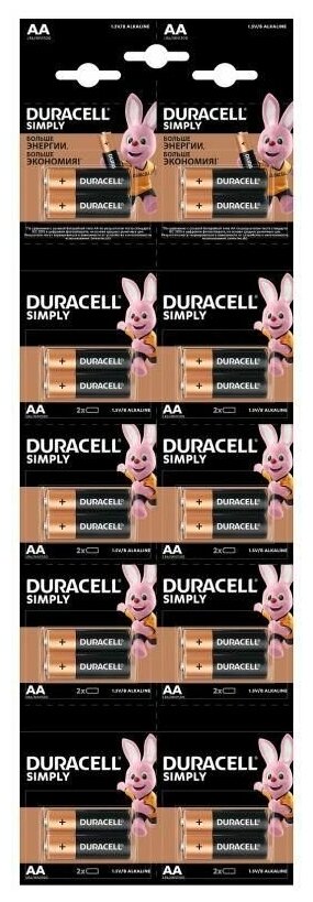 Батарейка Duracell AA, 2 шт., 10 уп.