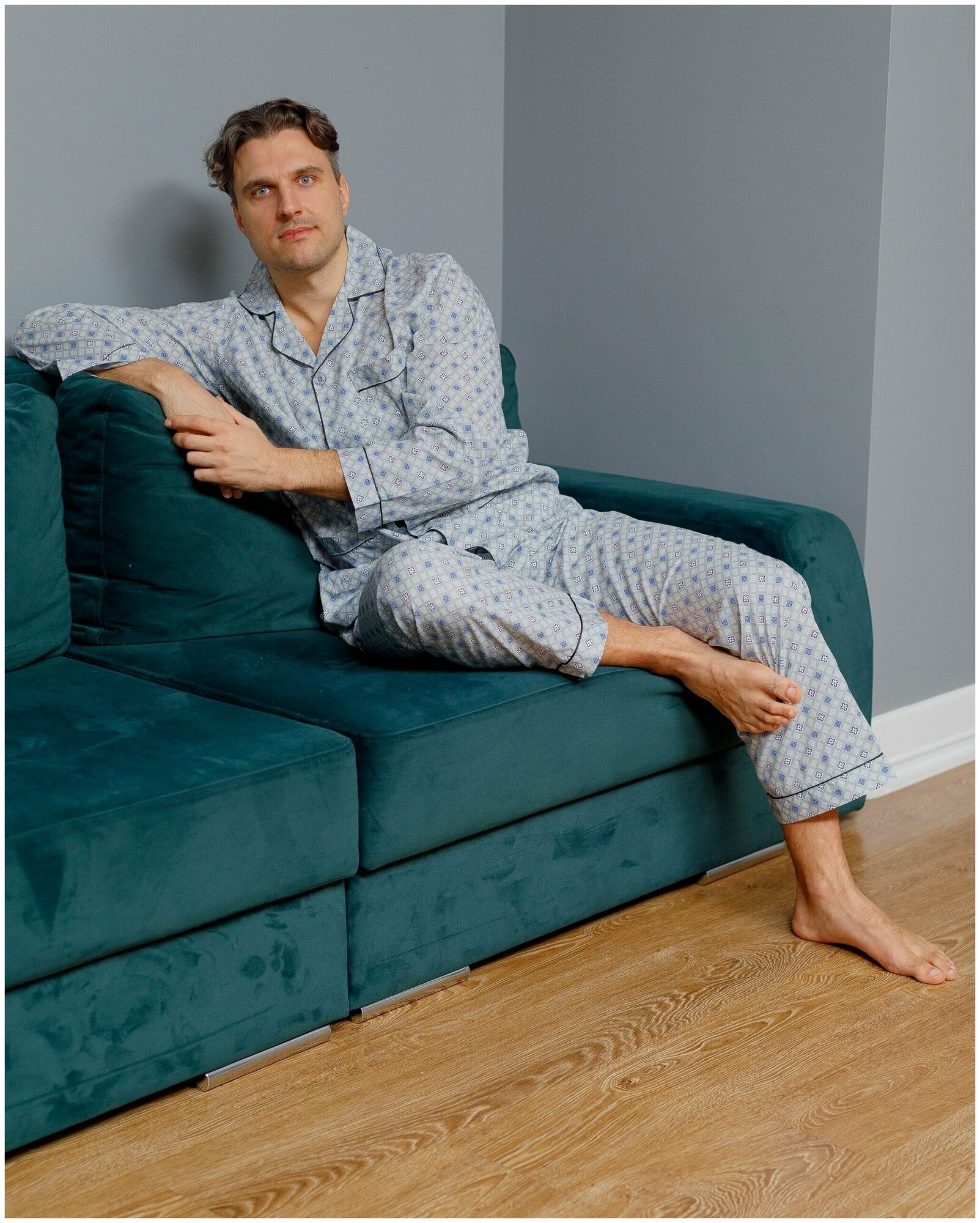 Пижама мужская с брюками и рубашкой с длинным рукавом хлопок Global_размер52 - фотография № 1