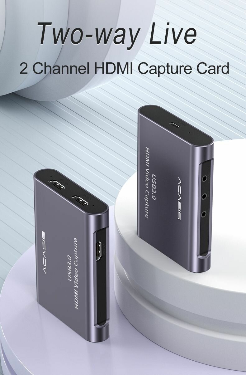 Карта видеозахвата Acasis AC-VS018 2-канальная HDMI-совместимая Вход 4K/60 Гц / Вывод 1080p/60 Гц темно-серый