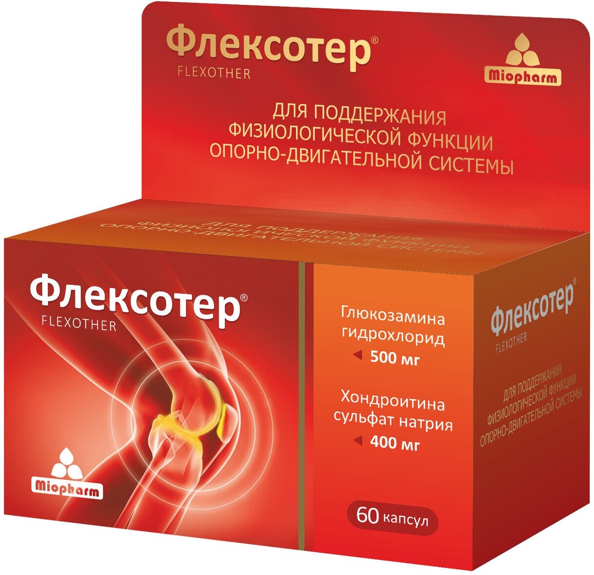 Флексотер хондроитин 400мг + глюкозамин 500мг 60 капс. Суппорт колена. Для суставов и связок. Хондропротектор.