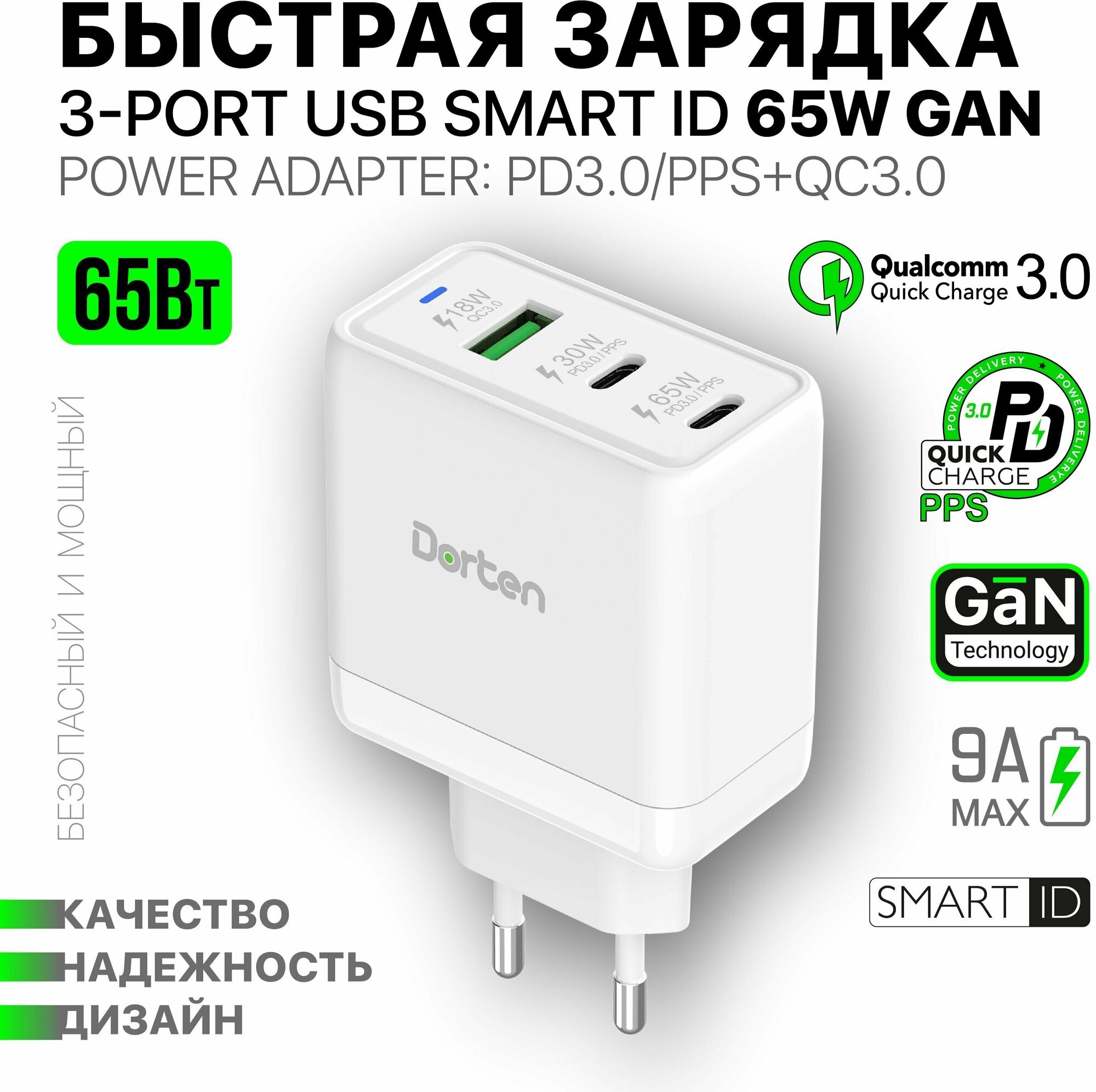 Сетевое зарядное устройство Dorten 3-Port USB 65 Вт блок питания с функцией быстрой зарядки Power Delivery и PPS - Белый