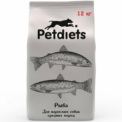 Корм сухой "Petdiets" (Петдаетс) для собак средних пород, рыба, 12кг, содержание рыбы 39,6%