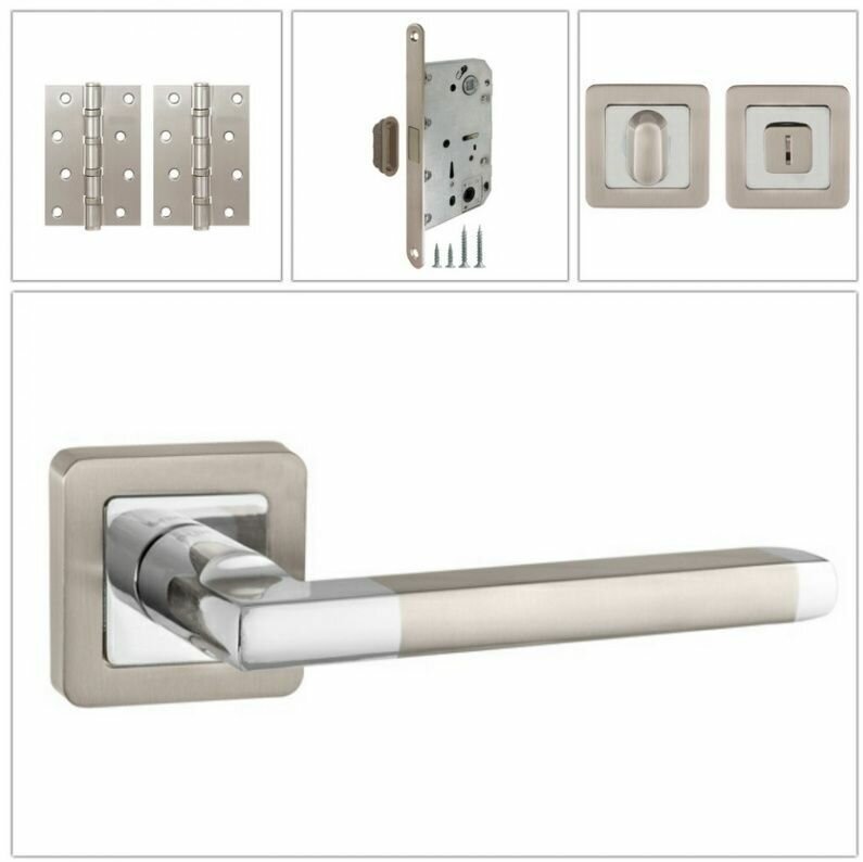 Комплект дверных ручек Punto PLUTON_QR_SN/CP-3_MAGWC матовый никель/хром (ручка + завертка WC + магнитный замок + 2 универсальные петли)