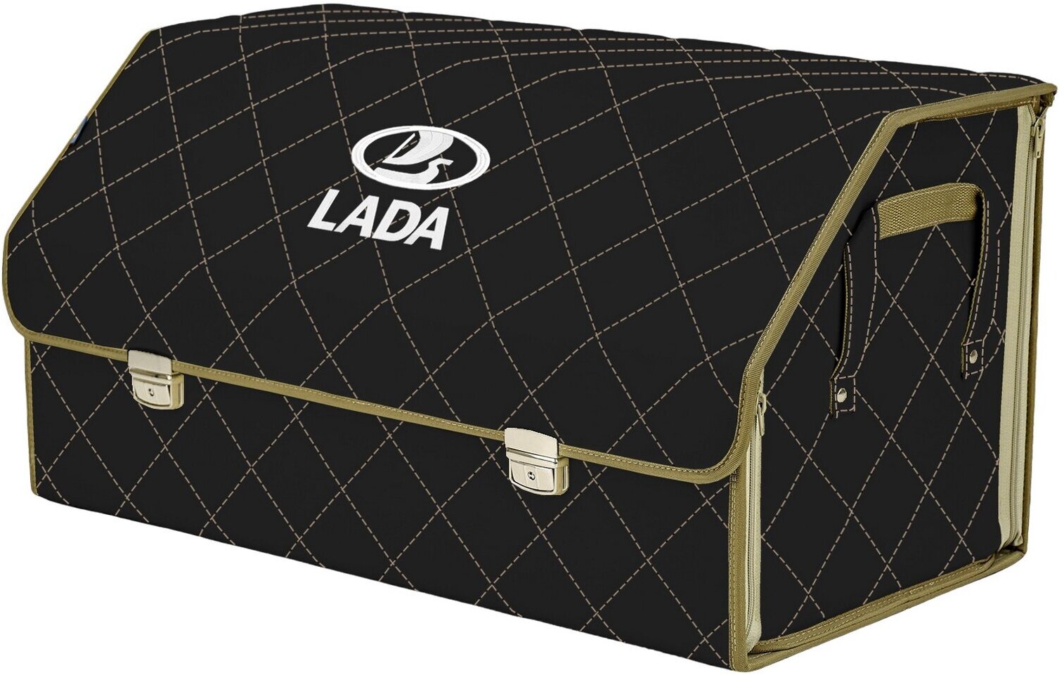 Органайзер-саквояж в багажник "Союз Премиум" (размер XL Plus). Цвет: черный с бежевой прострочкой Ромб и вышивкой LADA (лада).