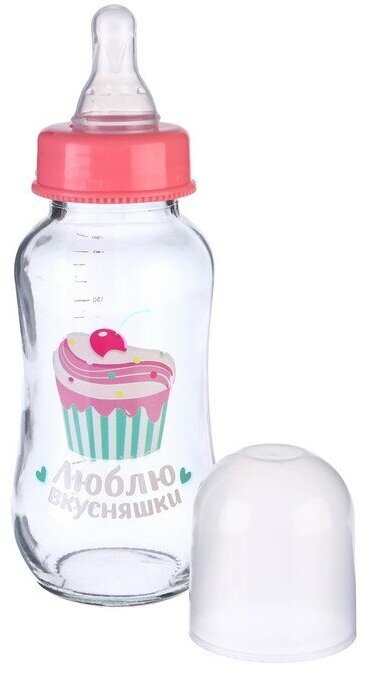 Mum&Baby Бутылочка для кормления стекло «Люблю вкусняшки», классическое горло, средний поток, 180 мл, от 3 мес.