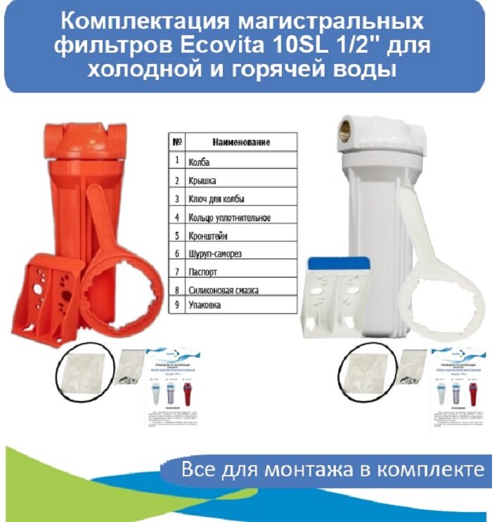 Комплект магистральных фильтров Ecovita 10SL Стандарт 1/2" для холодной и горячей воды — фото 1