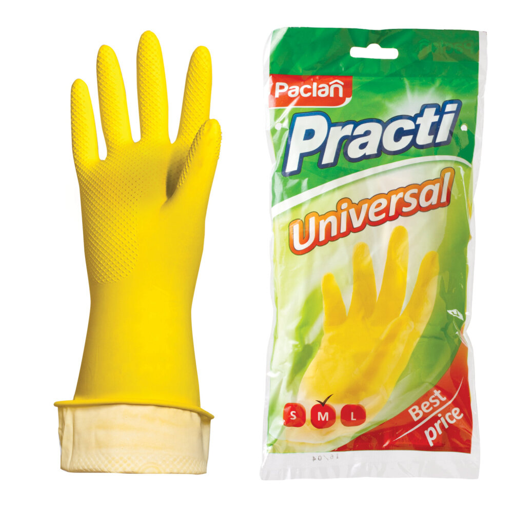 Перчатки многоразовые латексные PACLAN "Practi Universal", хлопчатобумажное напыление, размер M (средний), желтые, вес 50 г упаковка 10 шт.