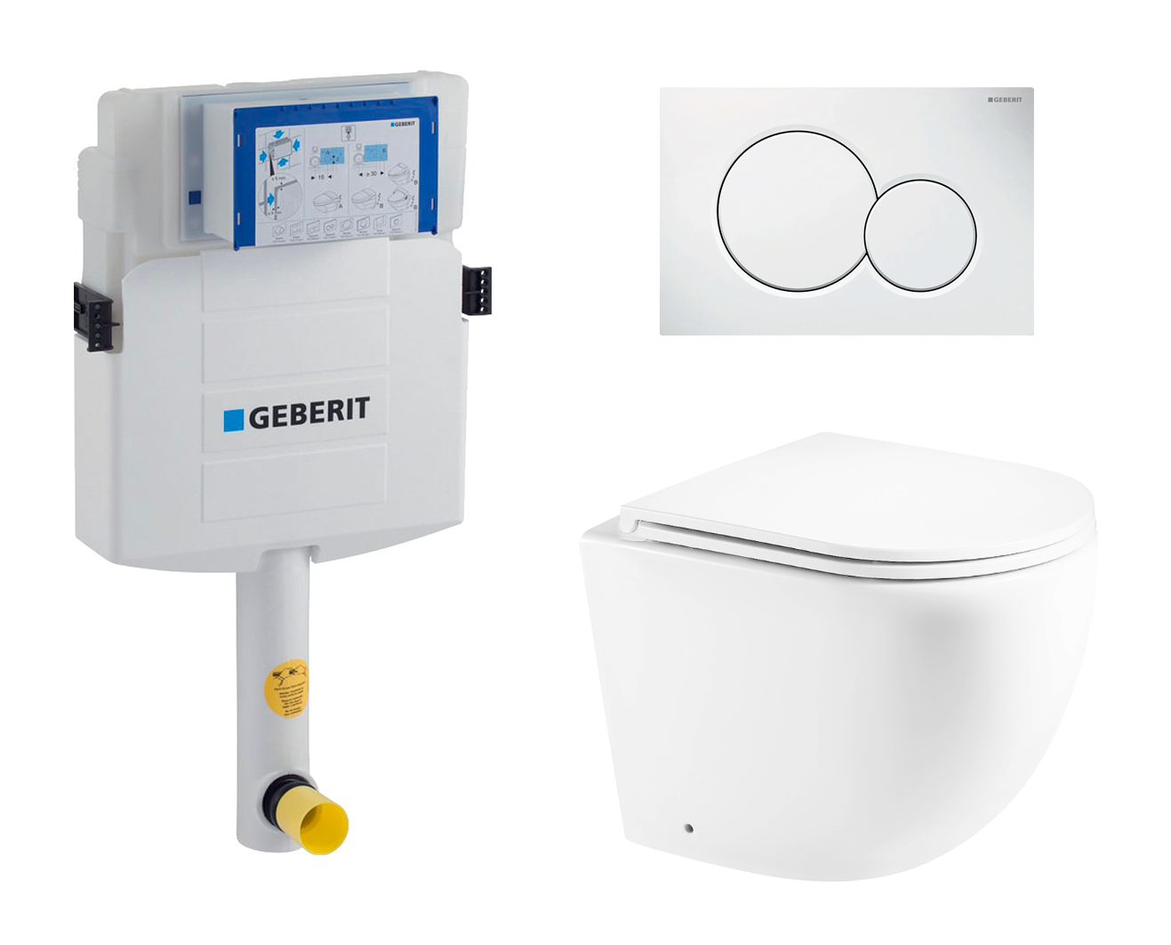 фото Комплект 3 в 1 смывной бачок скрытого монтажа Geberit Duofix UP320 + Унитаз приставной Enio Unico EN5104885 + Кнопка Geberit Sigma 01 белая