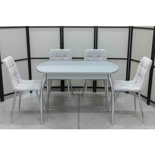 Обеденная группа Гала-1 Кватро, стол матовое стекло, 110(140)х70 см, обивка стульев антивандальная, моющаяся, антикоготь, цвет светло-серый.