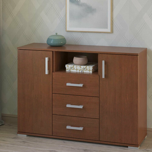 Низкий широкий комод с 3 ящиками 2 дверцами и открытой нишей 115х374х824 см МагМебель Вента-54 вишня 14800₽