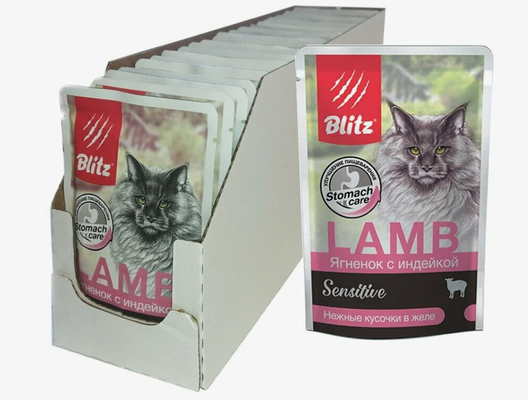 Blitz Sensitive Adult Cat Влажный корм для кошек с чувствительным пищеварением нежные кусочки в желе Ягненок и Индейка 24шт*85ш
